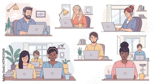 Diverse group of people working remotely on laptops, showcasing modern work environments and technology.