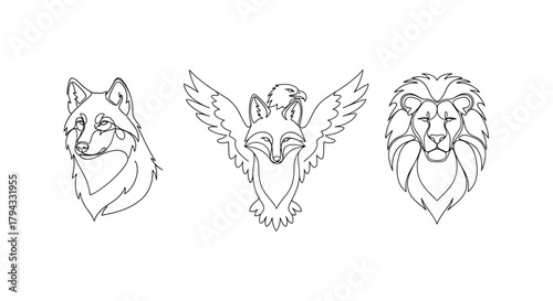 Three stylized line art illustrations of animal heads: a fox, a winged fox with an eagle head, and a lion.