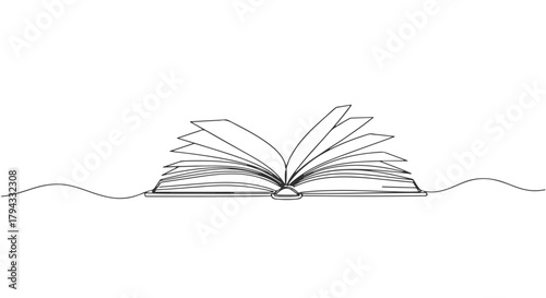 A continuous one line drawing of an open book, simple and elegant design for literary or educational themes