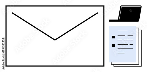 Envelope symbol with laptop and papers representing email delivery, correspondence, and productivity. Ideal for digital tasks, communication, workflow, office work, collaboration, technology use