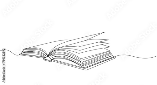 Elegant one single continuous line drawing of an open book with pages fanning out, a symbol of knowledge and literature