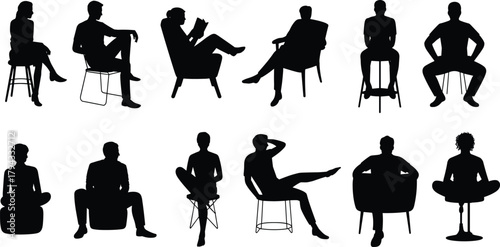 Seated posture silhouette set, chair poses, stool sitting vector, ergonomic design, human body language, furniture icon, lifestyle illustration