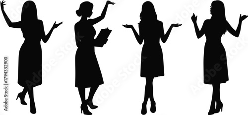 Woman silhouette poses, dress and heels, gesture vector, presentation stance, communication icon, expressive body language, fashion design illustration