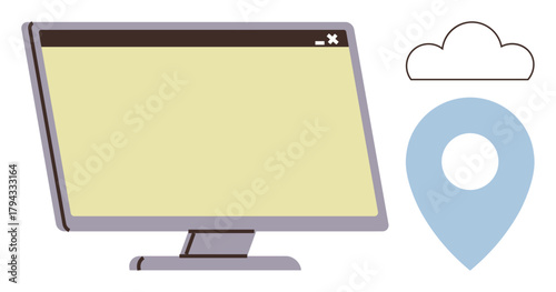 Computer monitor with location pin and cloud icon representing online navigation, data storage, and tech services. Ideal for technology, cloud storage, GPS, online tools, remote work, connectivity