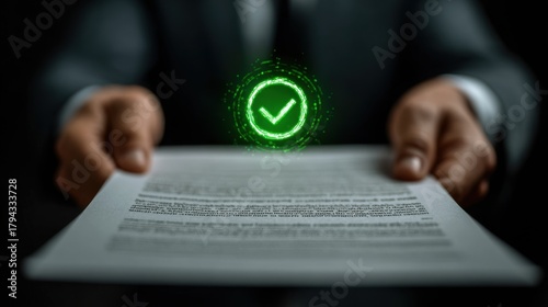 A businessman presents an approved digital document marked with a glowing green check symbol