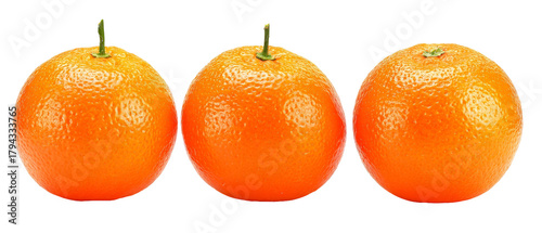 Three ripe oranges arranged in a row, showcasing their vibrant orange color and textured skin, against a transparent background, ideal for food-related content or healthy lifestyle promotions