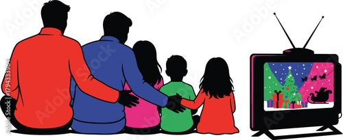 Family watching christmas movie tv, parents and children enjoying holiday time together, vector illustration