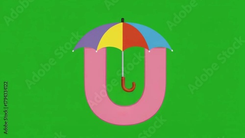 Animated letter 'U' giggling while a colorful umbrella opens above it, gently floating down and landing inside the curve of the 'U'. Greenscreen background, playful and bright animation