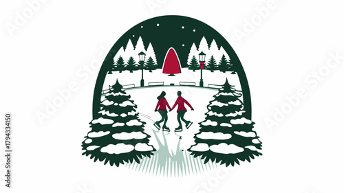 A couple ice skating in a winter park with snow covered trees and benches under a starry night scene | editable eps vectors silhouette