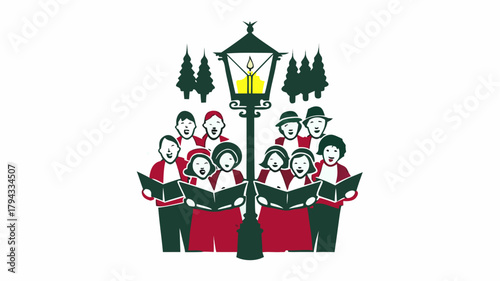 Illustration of a christmas carol group singing under a lamp post with christmas trees behind them | editable eps vectors silhouette