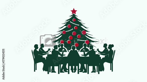 Silhouette of people around a table with christmas tree and ornaments in the background indoors scene | editable eps vectors