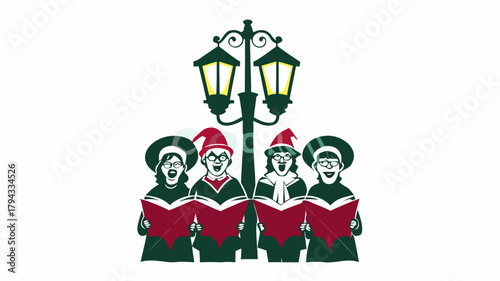 A group of carolers singing under a lamppost with red books and christmas hats in a festive setting | editable eps vectors silhouette