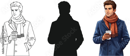 Man with coffee in different styles man with coffee vector illustration young man in coat and scarf
