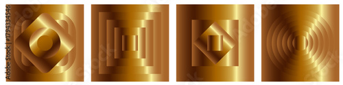 Set of geometric gold metallic gradient designs with reflective shine and dimensional abstract shapes. . Vector illustration