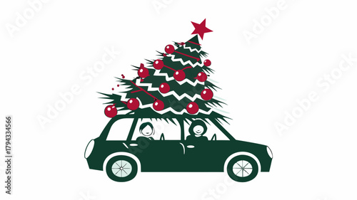 Illustration of a car carrying a christmas tree with ornaments and a star on top on a white background | editable eps vectors silhouette