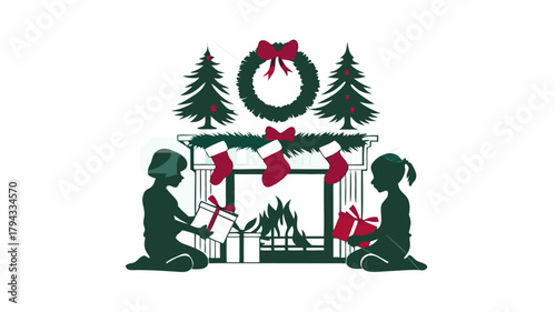Two children kneeling with gifts by a fireplace decorated with christmas trees and stockings hanging 100 | editable eps vectors silhouette