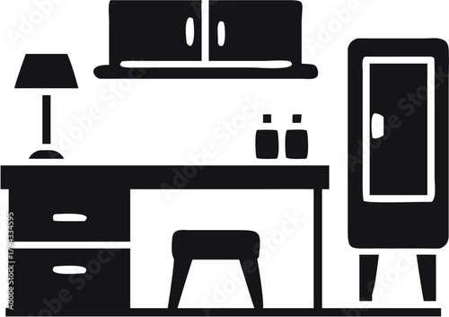 A monochrome illustration of a study room setting with desk lamp cabinet and stool arrangement style design | editable eps vectors silhouette