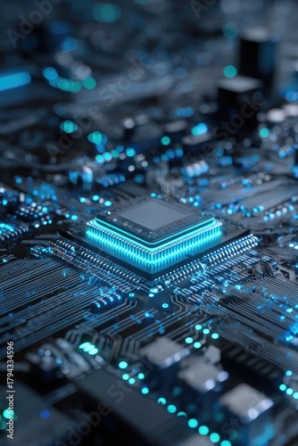 Close-up of a circuit board with a glowing central processor, intricate pathways, and vibrant teal accents