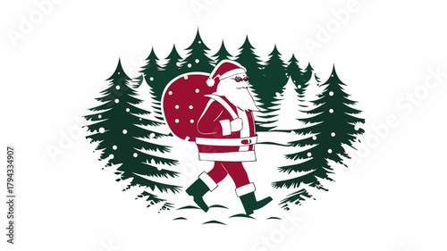 Santa claus walking with a sack in a forest of christmas trees with snow on the ground in winter time | editable eps vectors silhouette