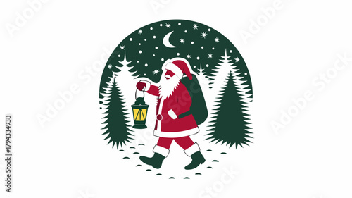 Santa claus walking through a snowy forest with a lantern and a sack full of gifts at night time | editable eps vectors silhouette