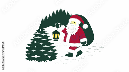 Santa claus walking through a snowy forest with a lantern and a sack full of gifts for christmas eve | editable eps vectors silhouette