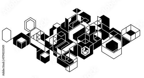 Interlocked Cubes and Hexagons — Monochrome Geometric Depthscape