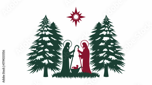 Nativity scene with mary and joseph under a star between two pine trees in a christmas themed design | editable eps vectors silhouette