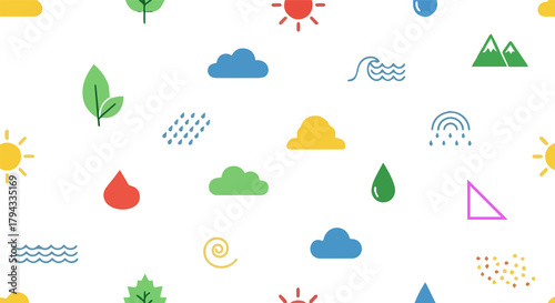 Colorful Geometric, natural, and Symbolic Icons in a Playful Pattern