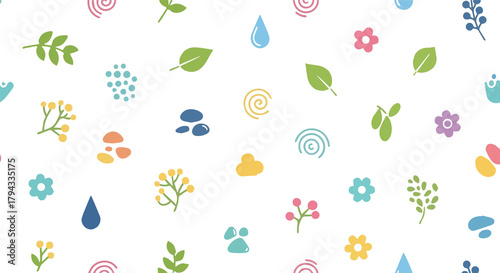 Colorful Geometric, natural, and Symbolic Icons in a Playful Pattern