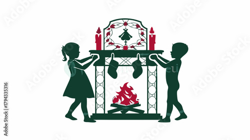 Silhouette of children decorating a christmas fireplace with stockings and candles on a white background | editable eps vectors