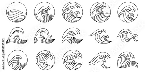 Wave icon set illustration in black and white line art showing stylized ocean wave designs with dynamic curves and circular motifs