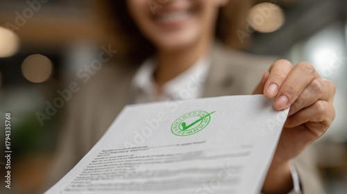 A businesswoman holds a document marked with a green approval check, representing the successful approval of a business plan, completed business registration, and confirmation of official authorizatio