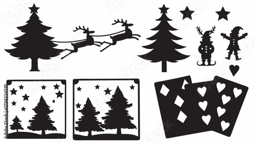 Silhouette christmas trees reindeer stars playing cards and festive characters in black and white style | editable eps vectors