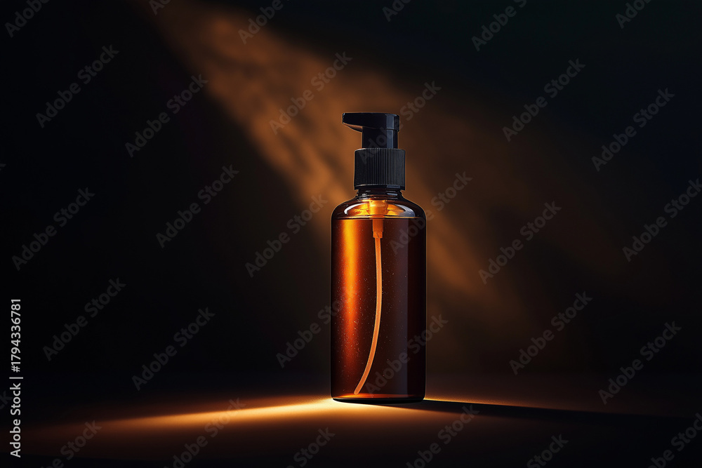 Naklejka premium Dark and Moody Amber Spray Bottle Mockup with Backlit Spotlight