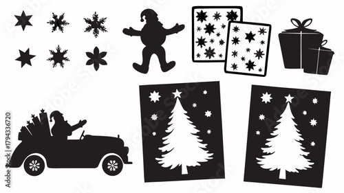 Festive christmas scene with santa in a car, snowflakes, christmas trees, and gift boxes silhouettes | editable eps vectors