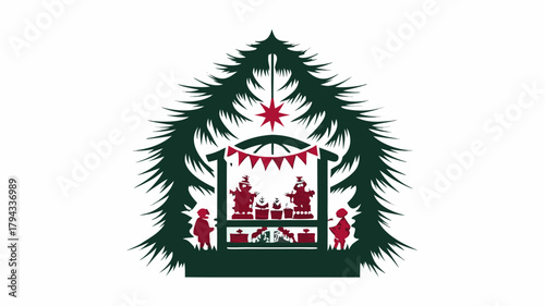 Silhouette of a christmas market scene with a tree and star in green and red colors with two children 100 | editable eps vectors