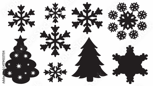 Silhouette christmas trees and snowflake shapes arranged in a festive winter holiday themed composition | editable eps vectors