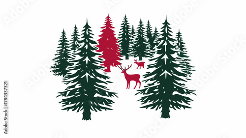 Illustration of a winter forest with green pine trees and red deer standing among the trees in the woods | editable eps vectors silhouette