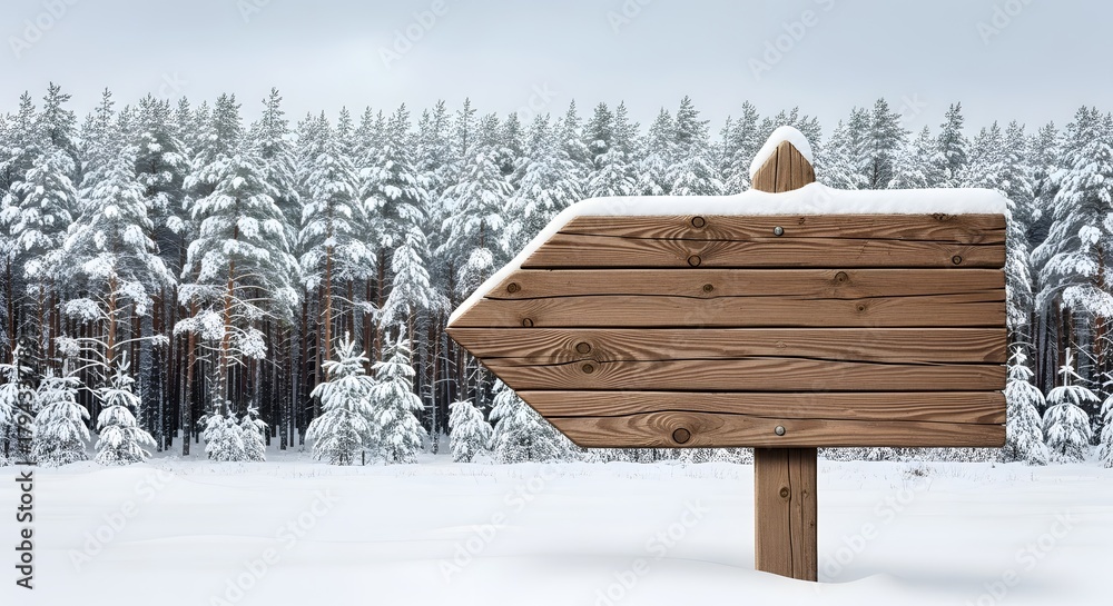 Fototapeta premium A blank rustic wooden arrow sign offering direction with a serene winter aesthetic, set against a beautiful snow-covered pine forest