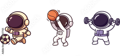 adorable astronauts doing soccer and weightlifting
