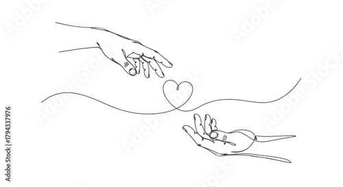 One line continuous drawing of hands reaching towards a heart A simple and elegant graphic in eps format