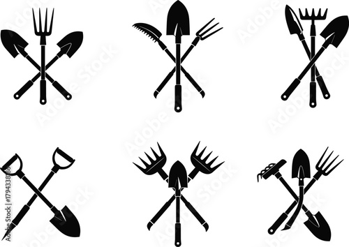 Crossed gardening tools silhouette, spade, rake, trowel, fork, sickle, shovel, hammer combo, flat vector