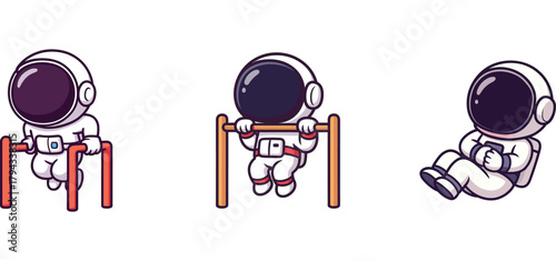 cartoon astronauts doing bar exercise and sitting