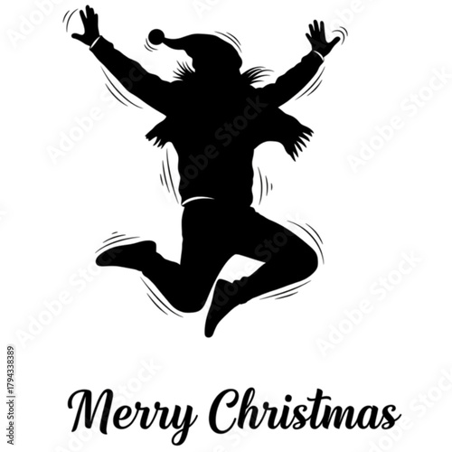 Black silhouette of a joyful person in a Santa hat jumping.