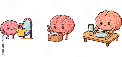 adorable brain characters listening to music and washing dishes
