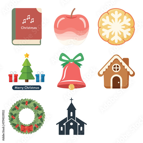 A festive collection of Christmas holiday icons including a carol book, tree, bell, and church.