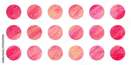可愛いピンク色の絵の具で描かれた丸、円形のテクスチャ素材　コラージュ、背景用のベクターイラストセット