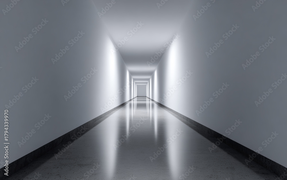 Obraz premium Long white corridor with sleek modern design illuminated by bright lights