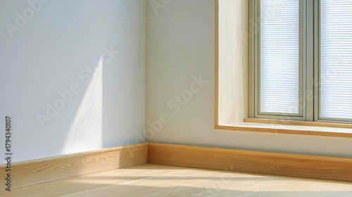 Bright sunlight streams into a minimalistic room through a large window, casting soft shadows on the warm wooden floor