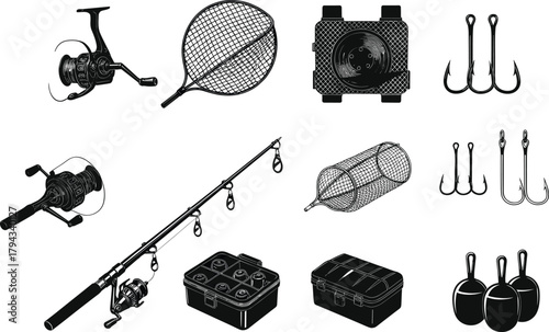 Flat vector illustration of fishing equipment, tackle box, rod, reel, net, hooks, bobbers, bait container